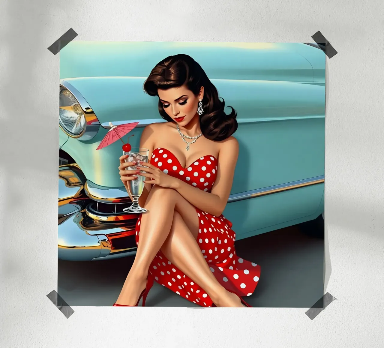 Ragazza degli anni '50 con Cadillac poster con telaio in plastica da Anita's Dream