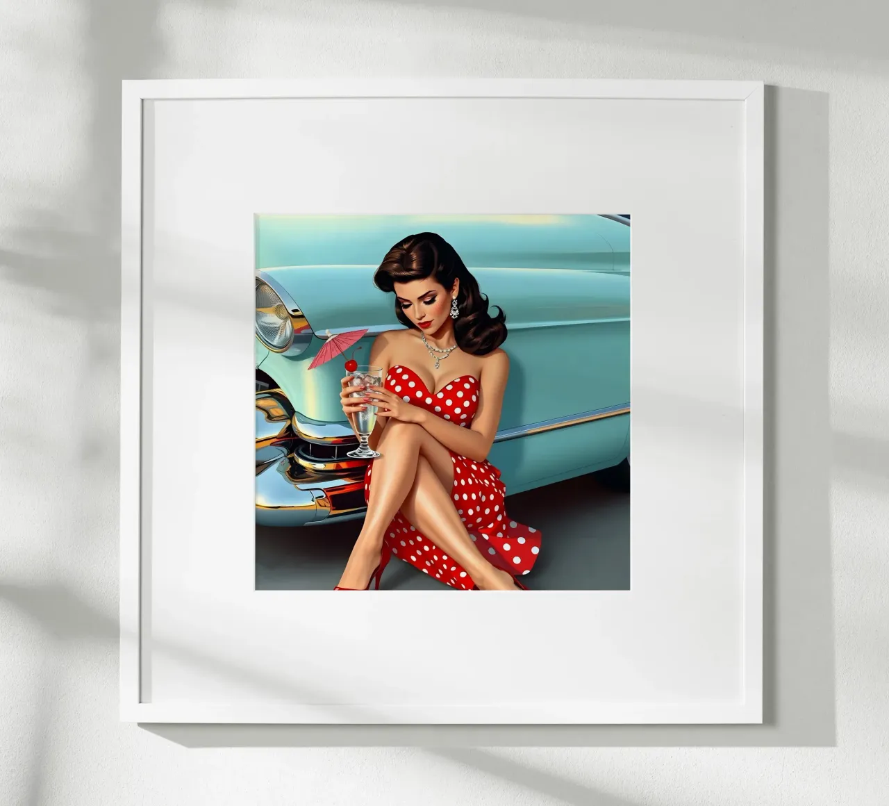 Ragazza degli anni '50 con Cadillac poster con telaio in plastica da Anita's Dream