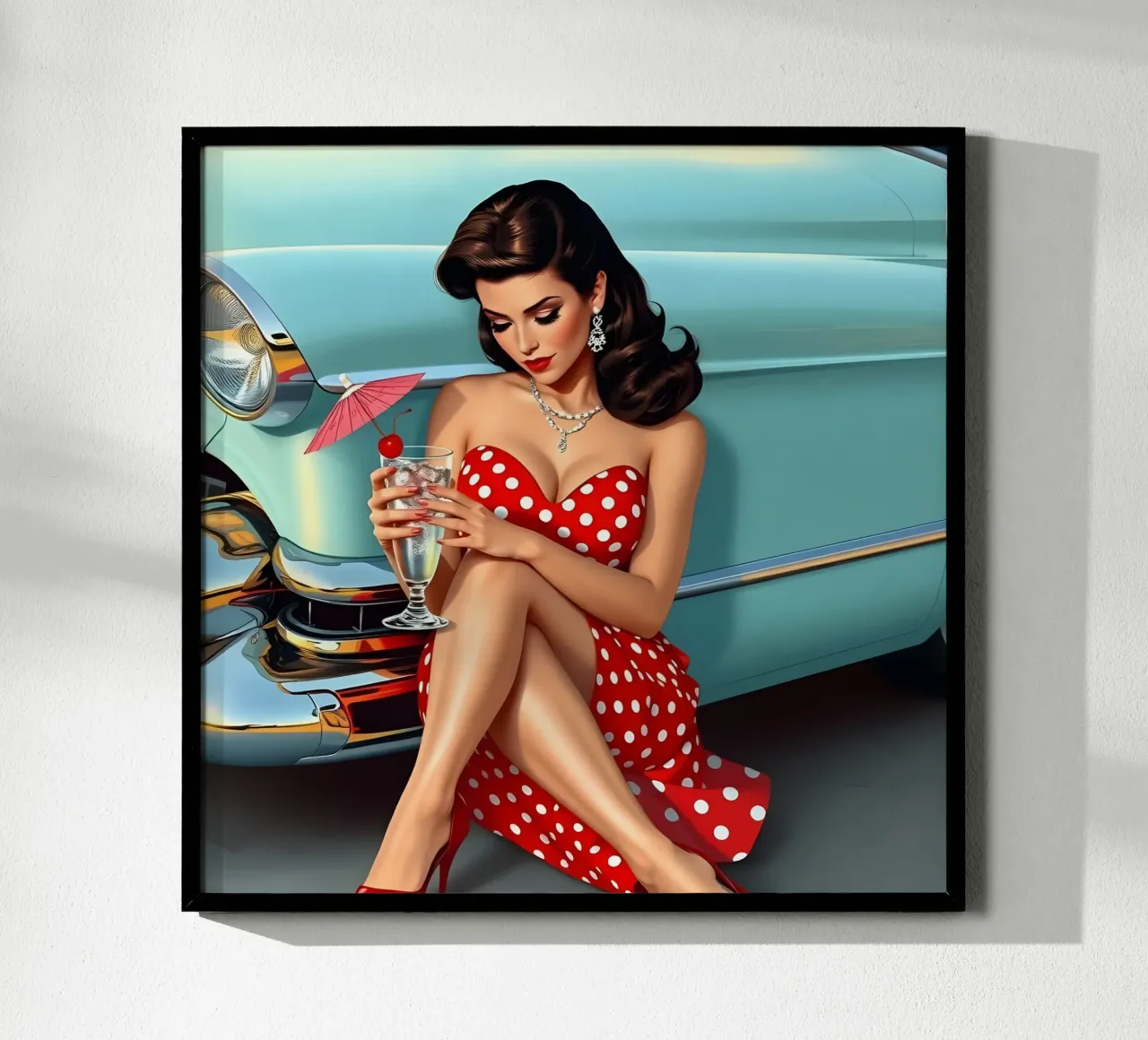 Ragazza degli anni '50 con Cadillac poster con telaio in plastica da Anita's Dream