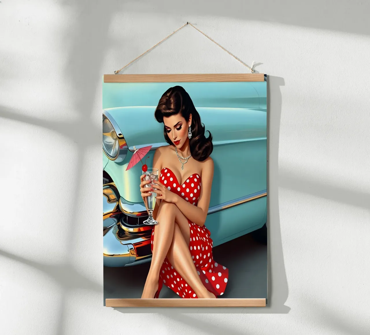 Ragazza degli anni '50 con Cadillac poster con telaio in plastica da Anita's Dream