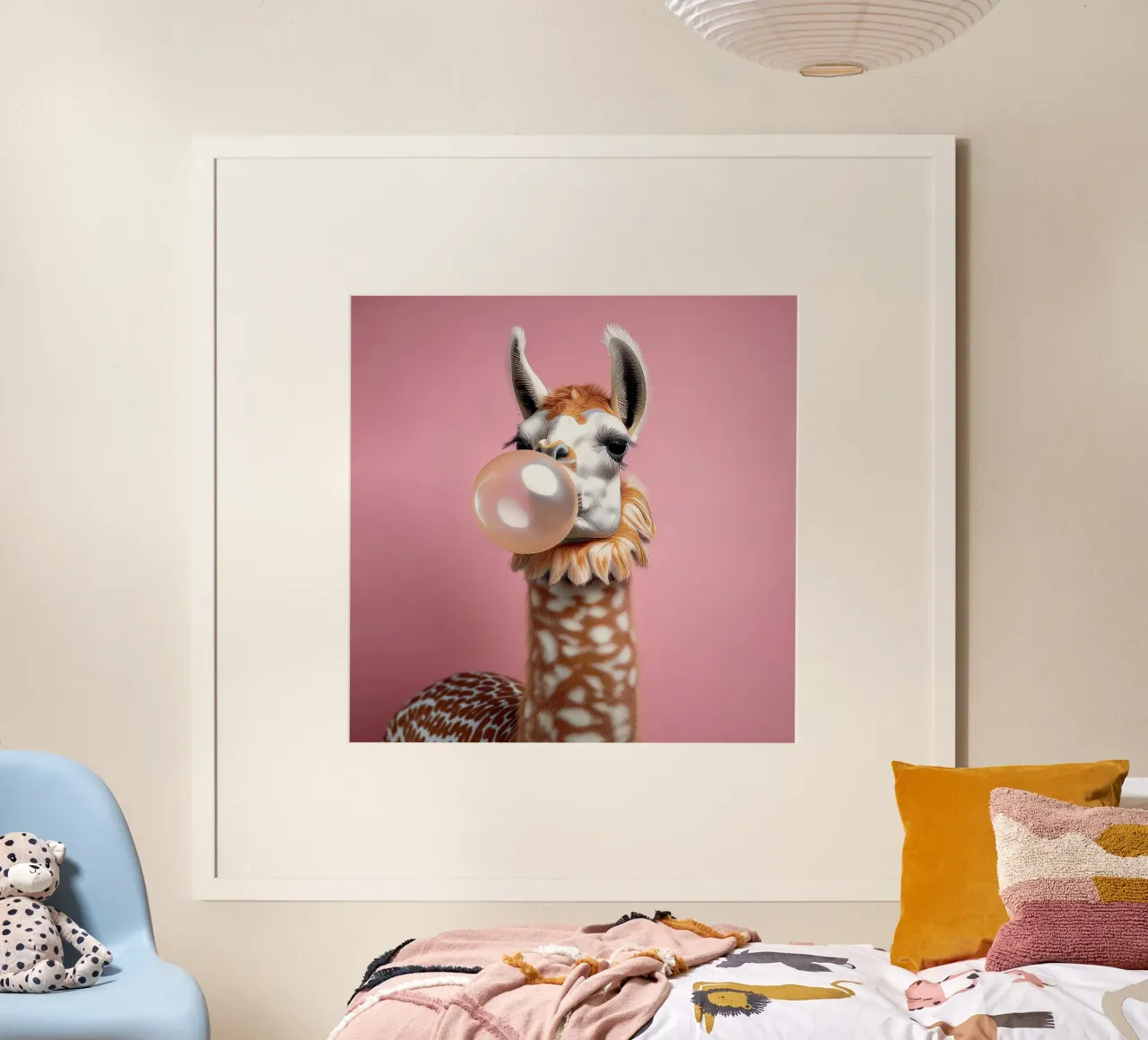 Lama macchiato che soffia gomma da masticare - Pop Art rosa stravagante poster da FlexiDesignsByK
