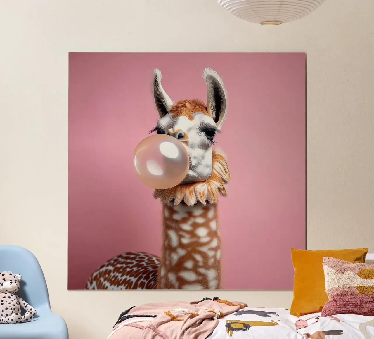 Lama macchiato che soffia gomma da masticare - Pop Art rosa stravagante poster da FlexiDesignsByK