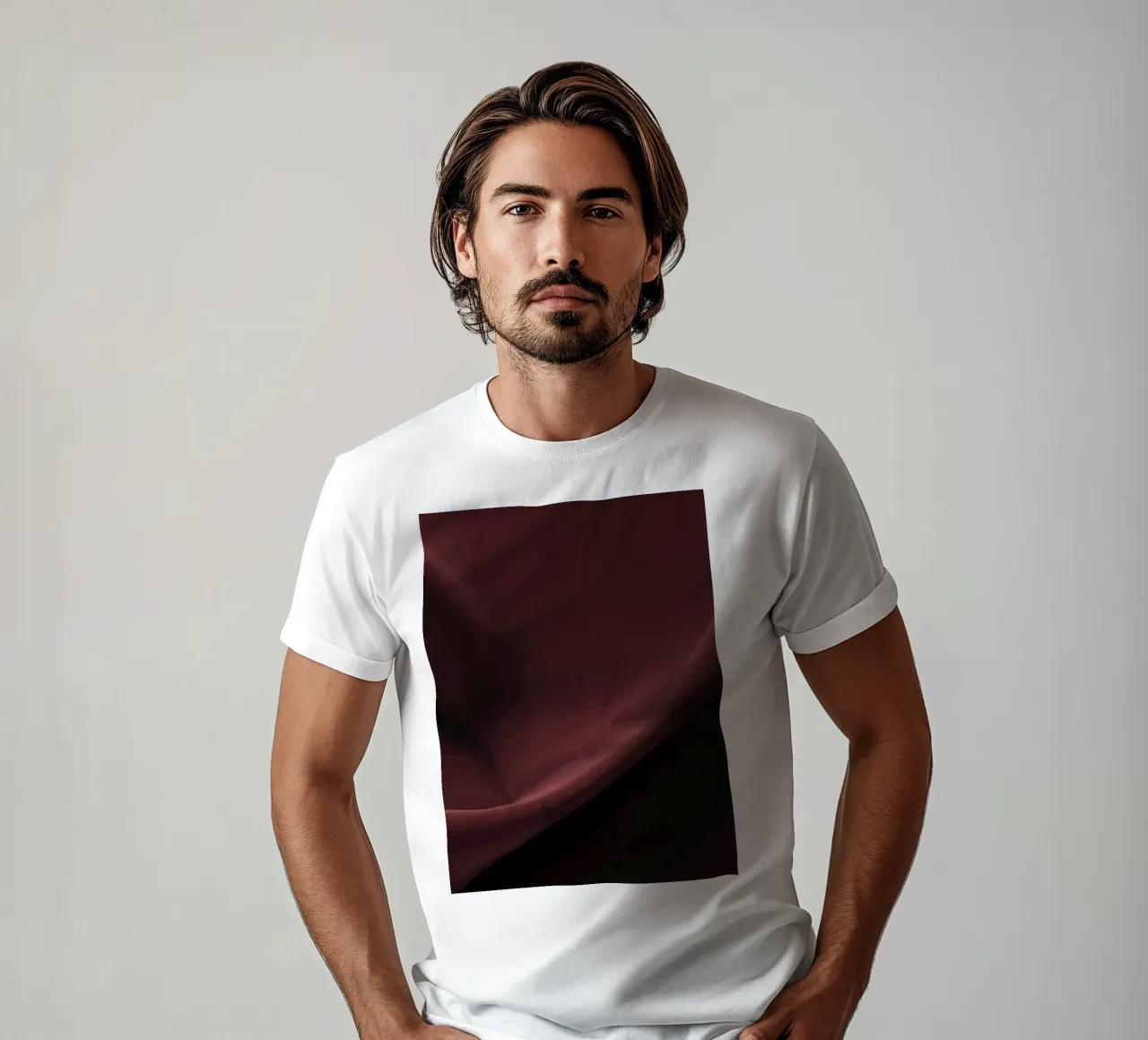 Elegant abstract background featuring smooth, flowing maroon t-shirt by DesignDoodle