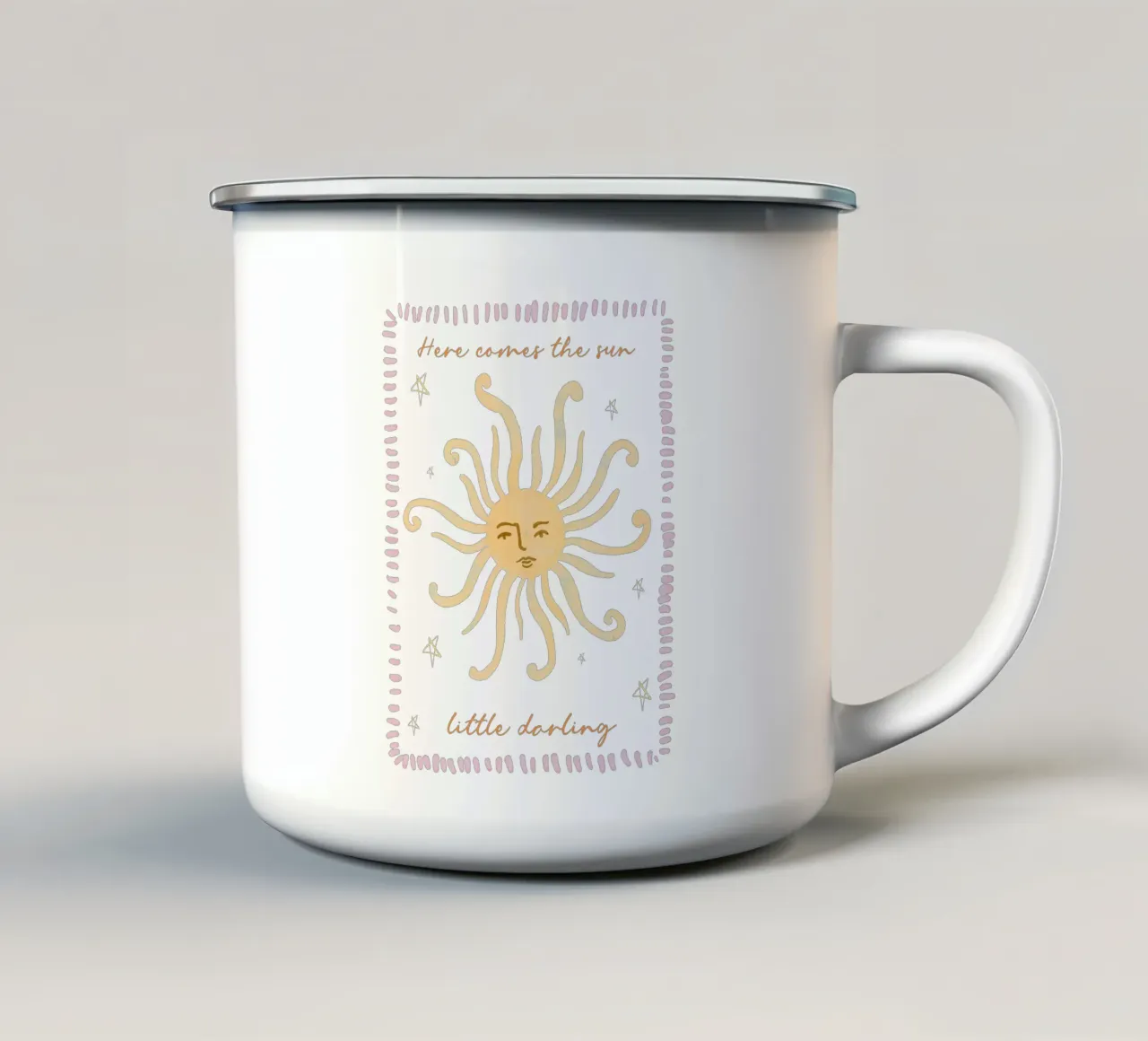 Here Comes the Sun, Boho Print, Whimsical Wall Art enamel mug by SunshinePrints