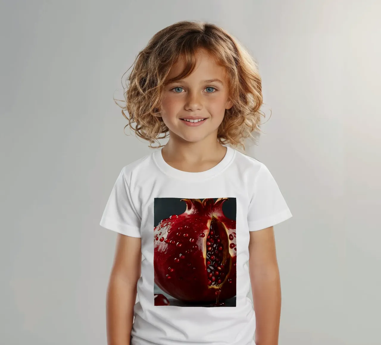 Vers gesneden granaatappel rustend op een donker oppervlak rondom kinder t-shirt van DesignDoodle