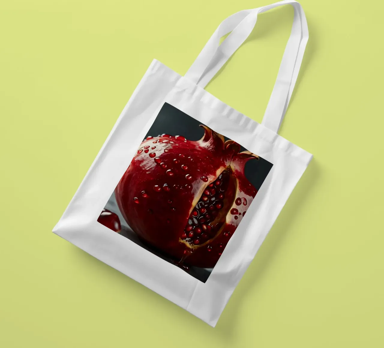 Il melograno appena tagliato poggia su una superficie scura circondata da una borsa in juta da DesignDoodle