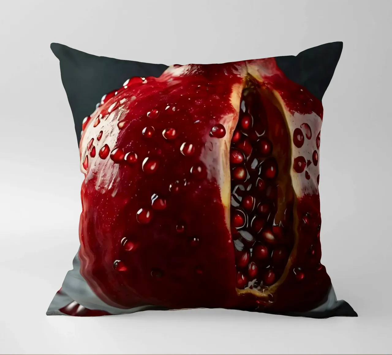 Freshly sliced pomegranate resting on a dark surface surroun decorative cushion by DesignDoodle