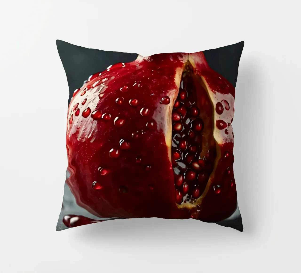 Freshly sliced pomegranate resting on a dark surface surroun decorative cushion by DesignDoodle