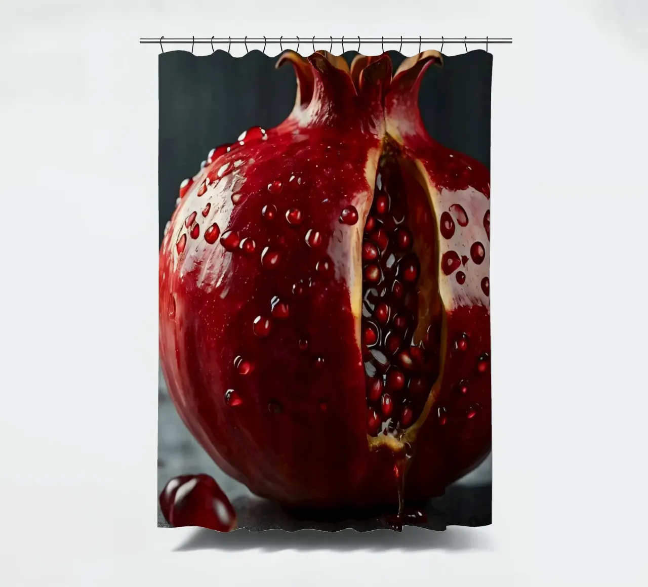 Ein frisch aufgeschnittener Granatapfel, der auf einer dunklen Fläche um Duschvorhang von DesignDoodle