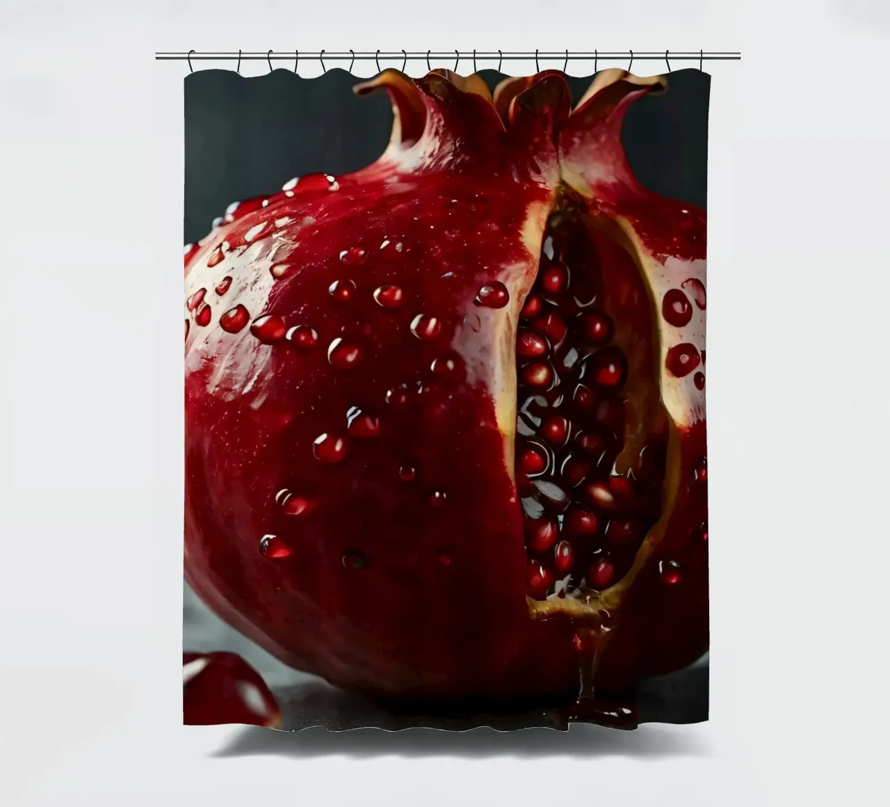 Ein frisch aufgeschnittener Granatapfel, der auf einer dunklen Fläche um Duschvorhang von DesignDoodle