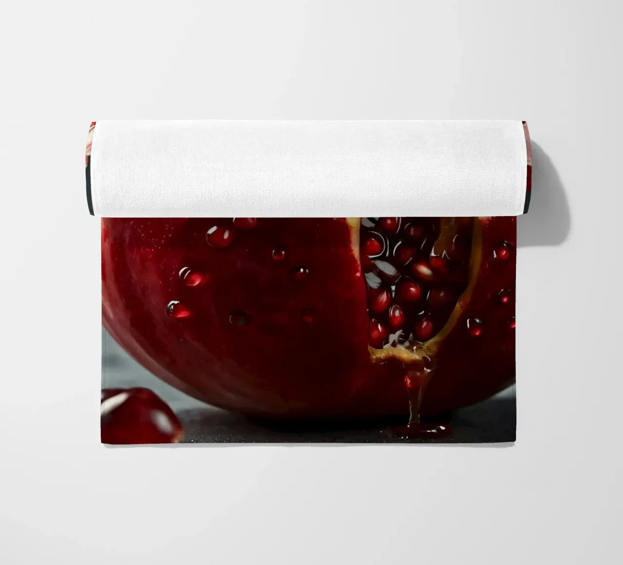 Freshly sliced pomegranate resting on a dark surface surroun beach towel by DesignDoodle