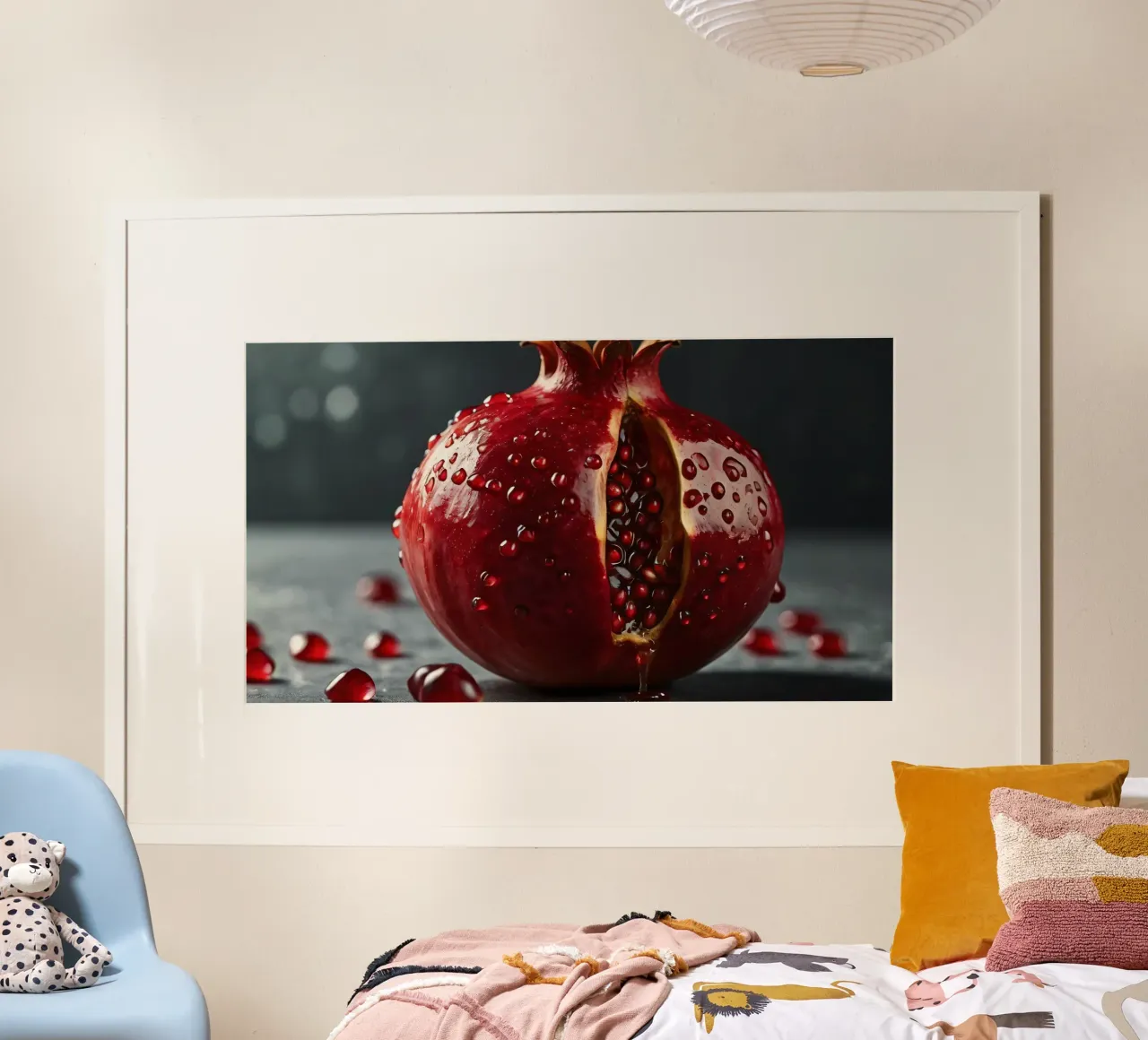 Il melograno appena tagliato poggia su una superficie scura circondata da una poster con telaio in legno da DesignDoodle