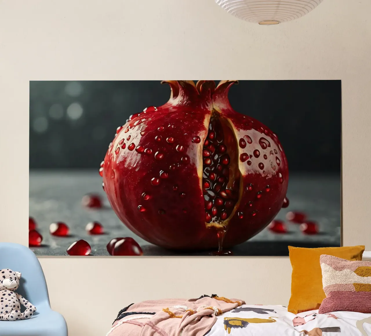 Il melograno appena tagliato poggia su una superficie scura circondata da una poster con telaio in legno da DesignDoodle