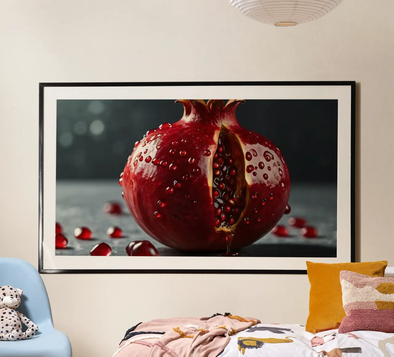 Il melograno appena tagliato poggia su una superficie scura circondata da una poster con telaio in legno da DesignDoodle