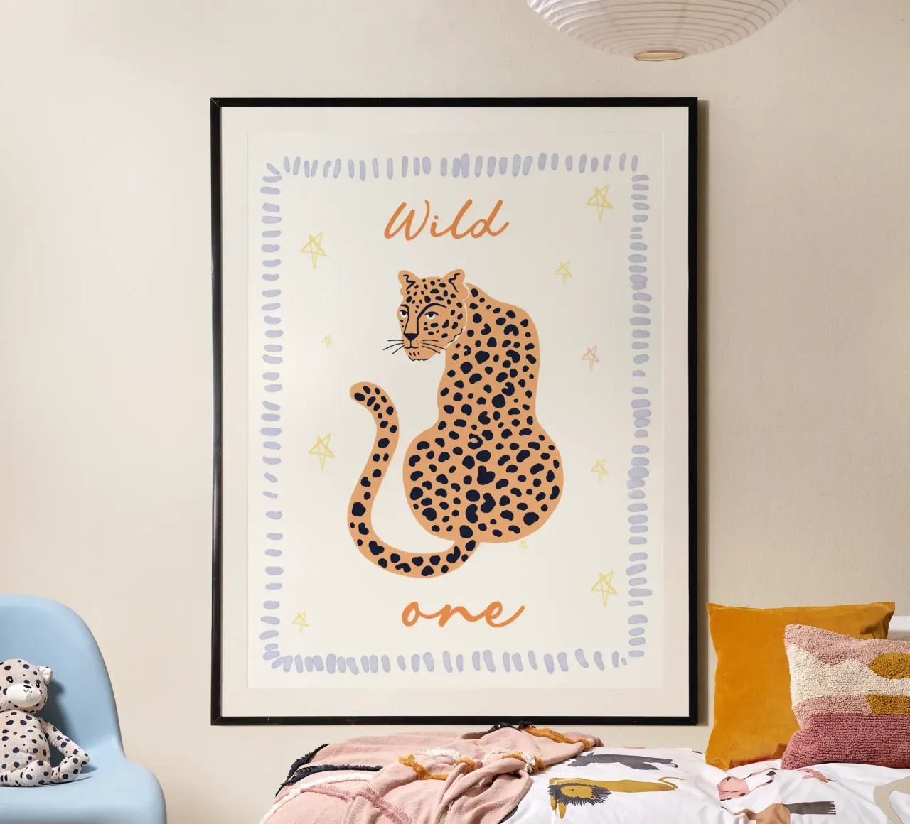 Wild One, Cheetah Boho print, Whimsical Nursery Wall Art poster avec cadre en aluminium de SunshinePrints