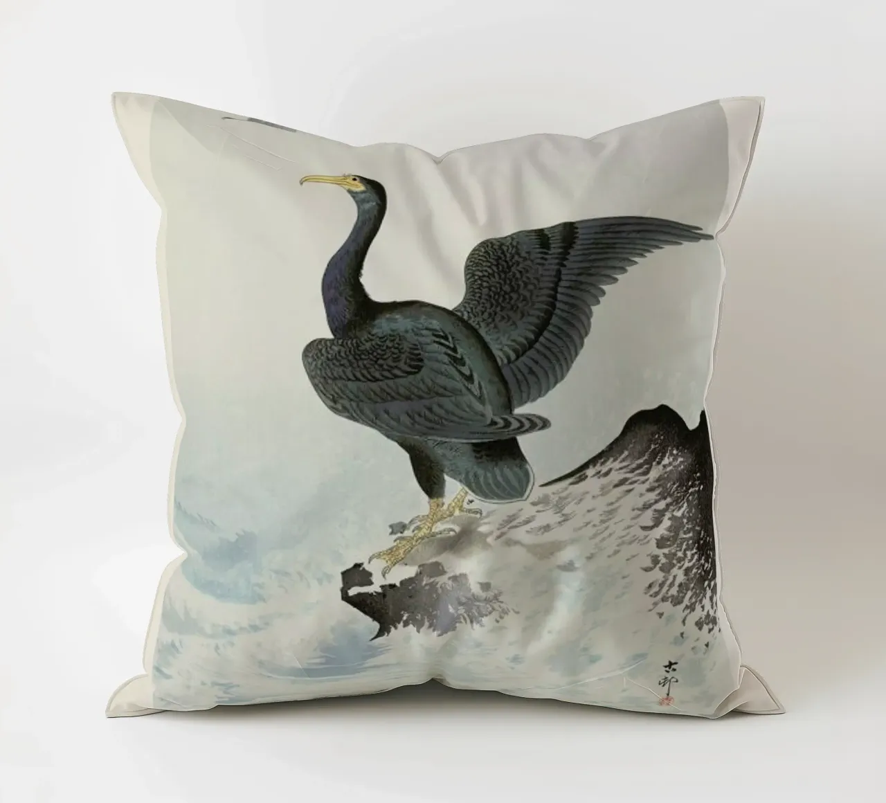 Koson - Red Mask Cormorant on Rock cuscino da Vintage by JUNIQE