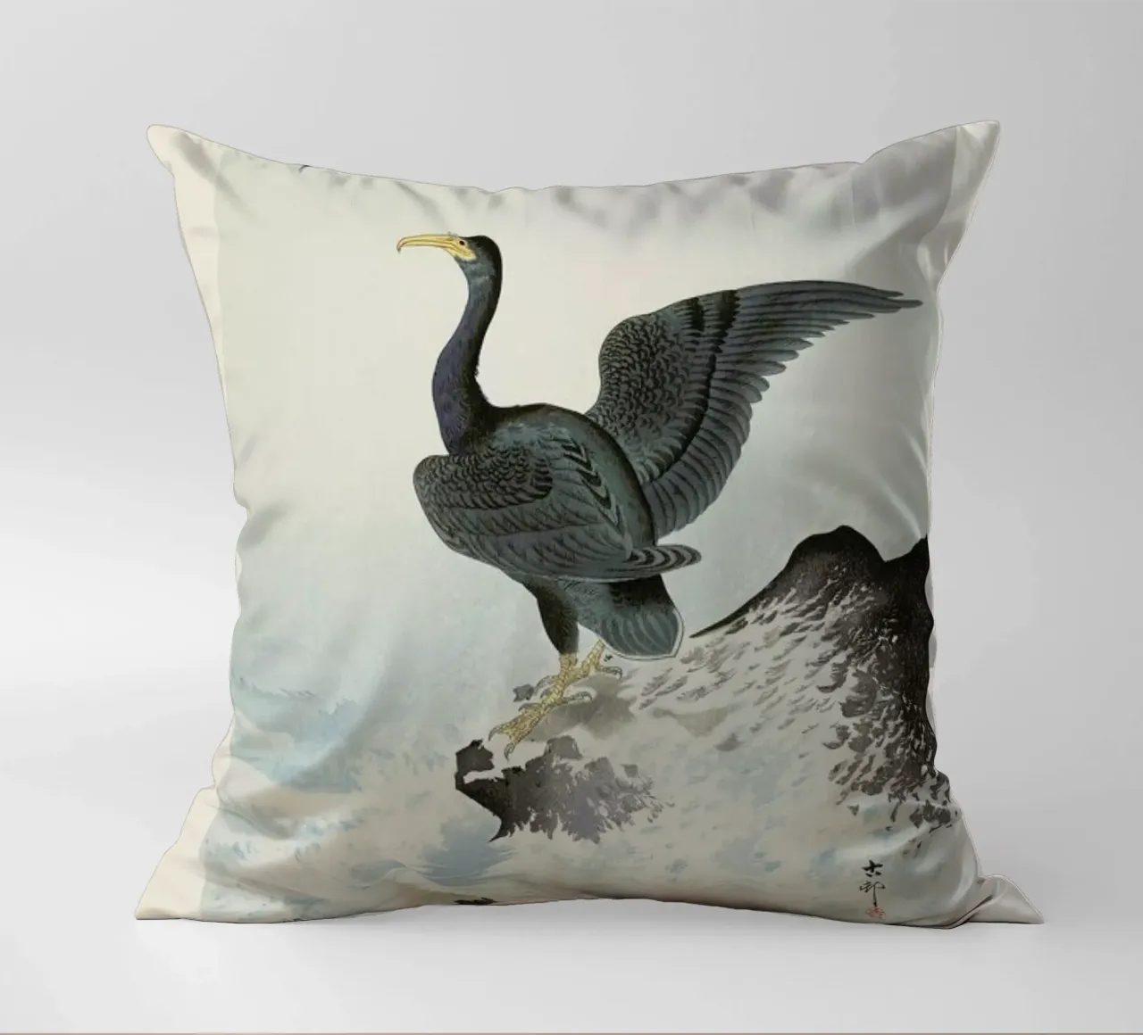 Koson - Red Mask Cormorant on Rock cuscino da Vintage by JUNIQE