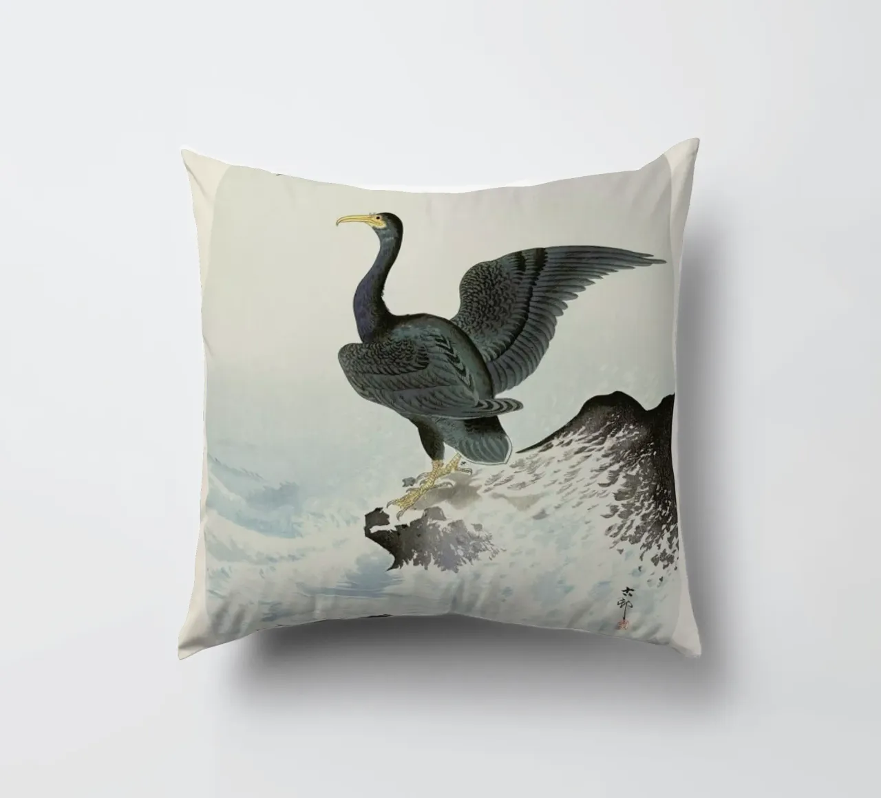 Koson - Red Mask Cormorant on Rock cuscino da Vintage by JUNIQE