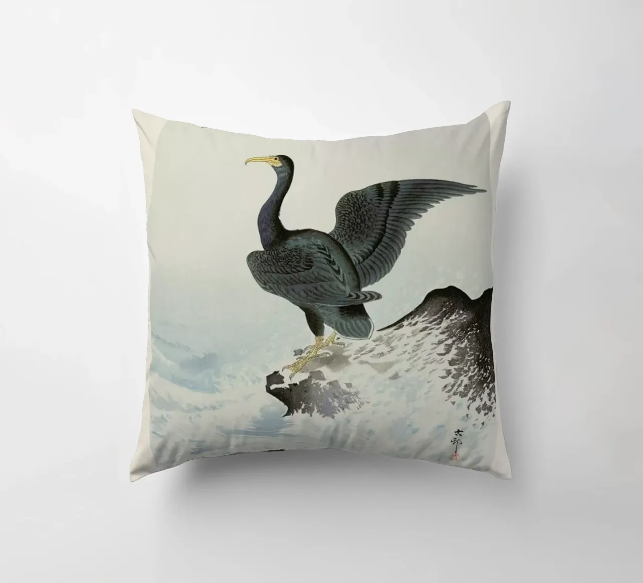 Koson - Red Mask Cormorant on Rock cuscino da Vintage by JUNIQE