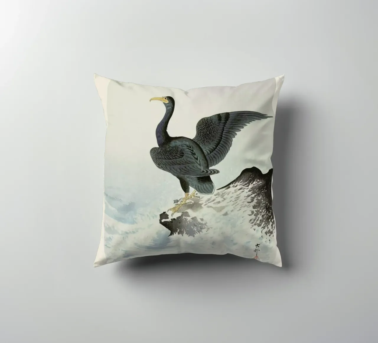 Koson - Red Mask Cormorant on Rock cuscino da Vintage by JUNIQE