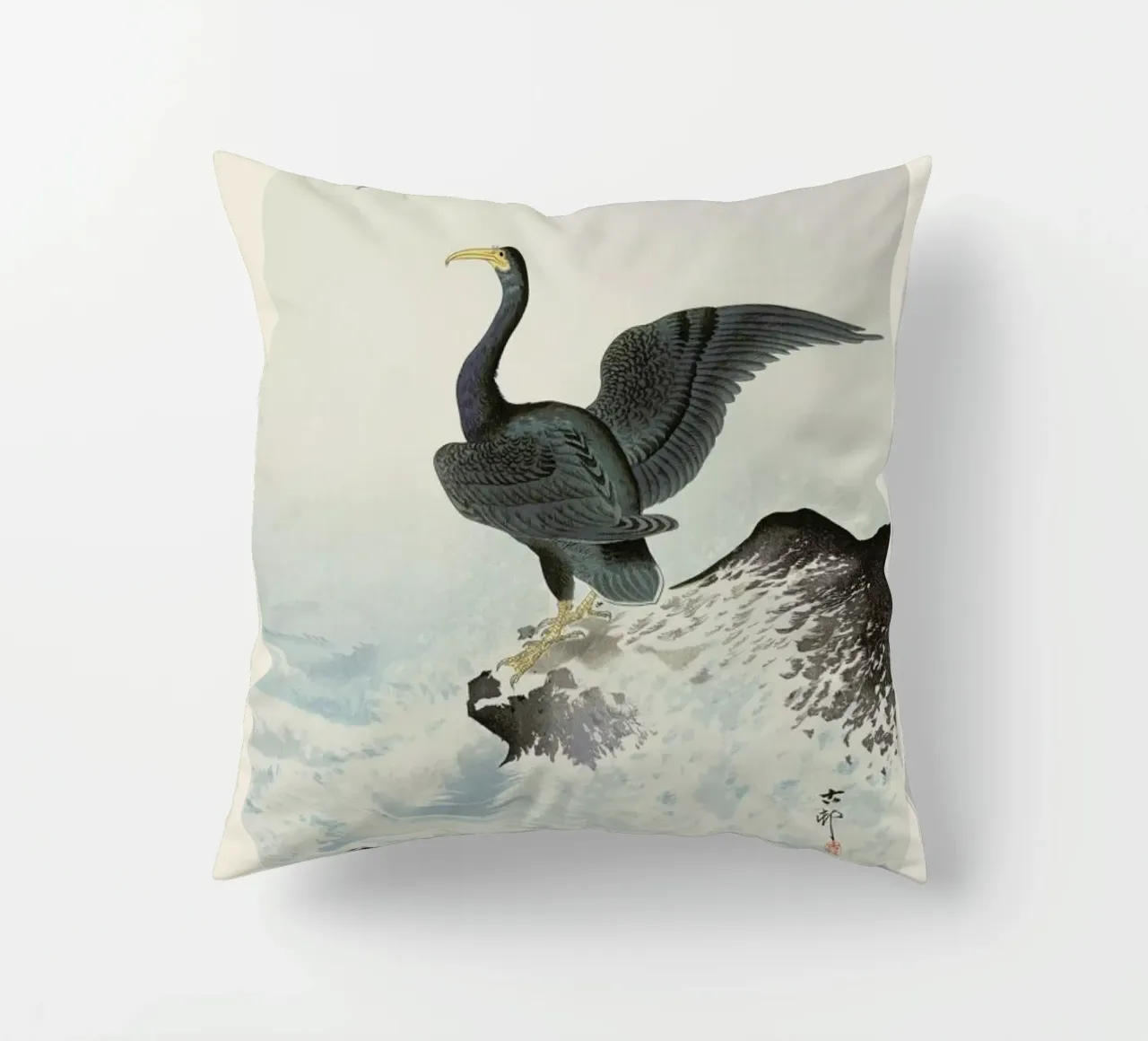 Koson - Red Mask Cormorant on Rock cuscino da Vintage by JUNIQE