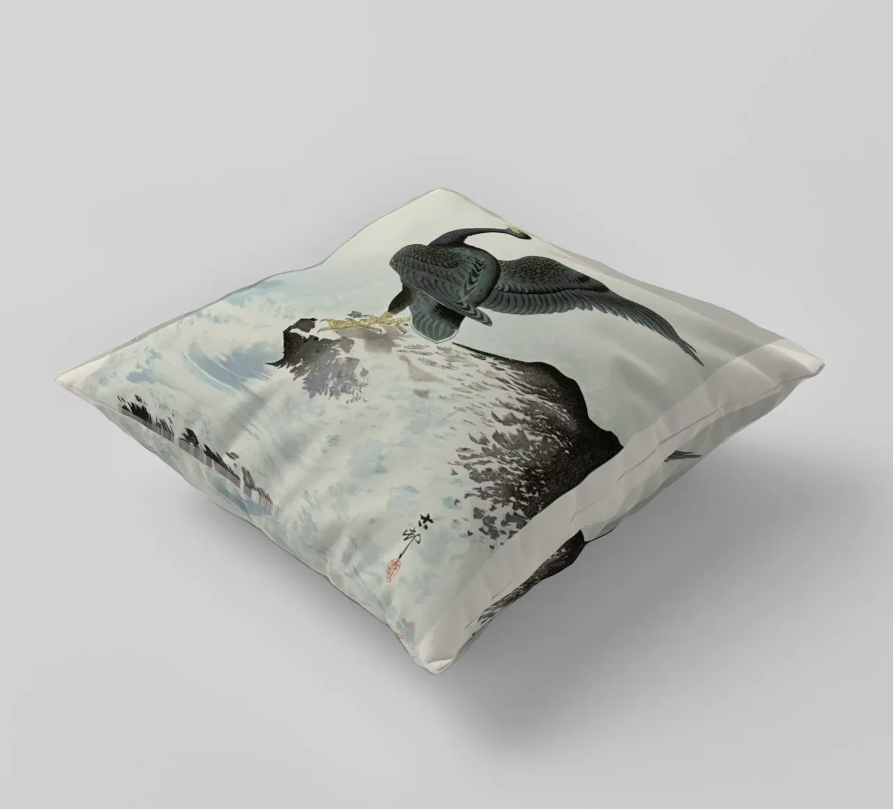 Koson - Red Mask Cormorant on Rock cuscino da Vintage by JUNIQE