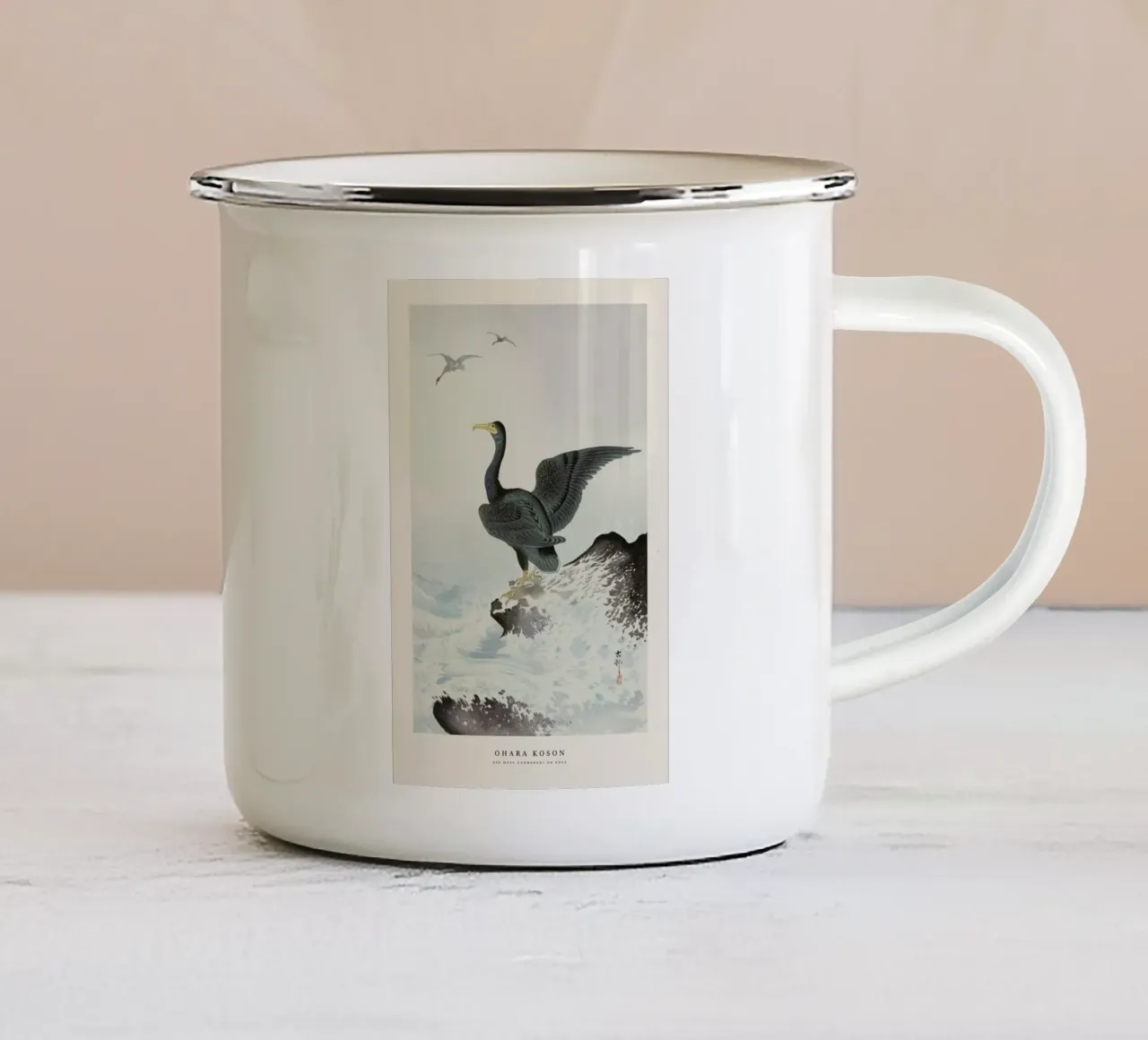 Koson - Red Mask Cormorant on Rock tazza in smalto da Vintage by JUNIQE