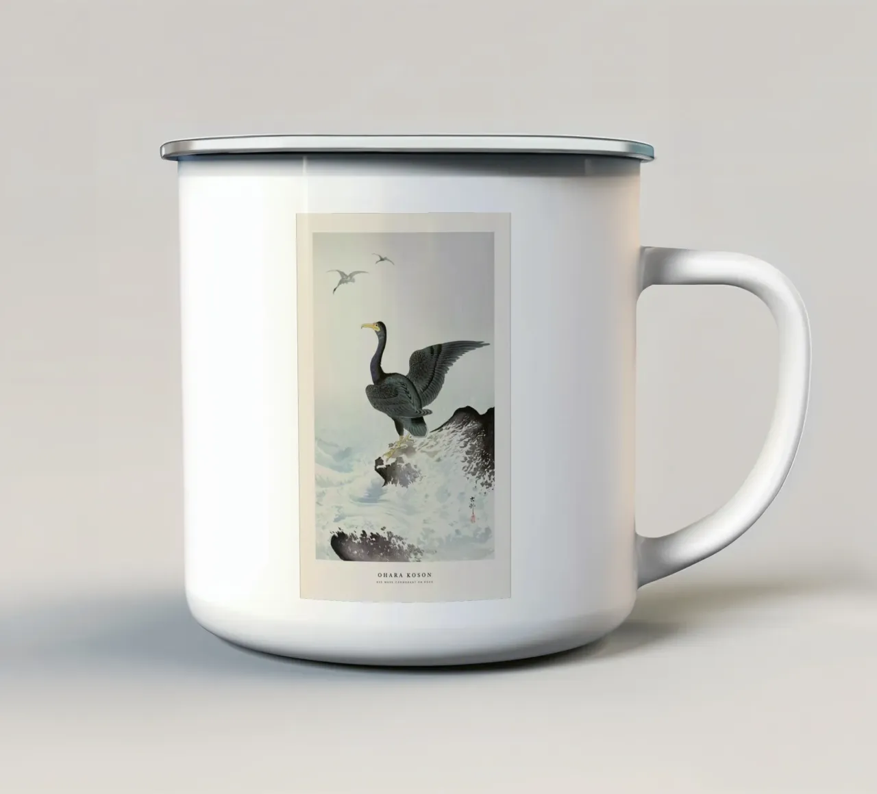 Koson - Red Mask Cormorant on Rock tazza in smalto da Vintage by JUNIQE