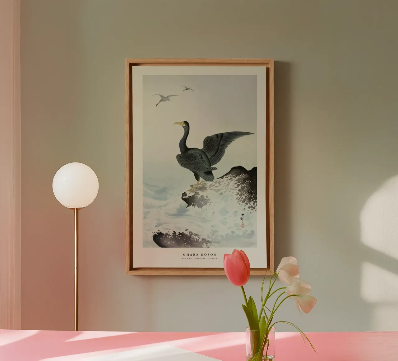 Koson - Red Mask Cormorant on Rock tela con Cornice a cassetta da Vintage by JUNIQE