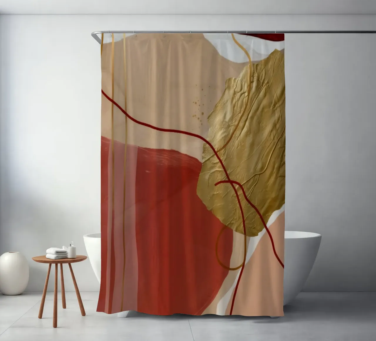 Crimson Fold Line shower curtain by Monarch Arc