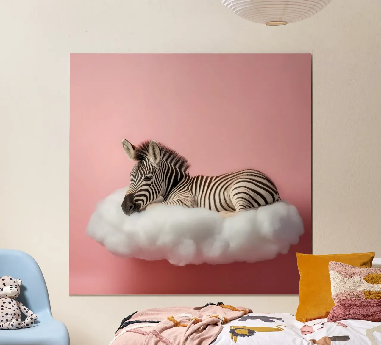 Zebra che si sdraia tra le nuvole - Animale stravagante di colore rosa pastello Prin poster con telaio in alluminio da FlexiDesignsByK