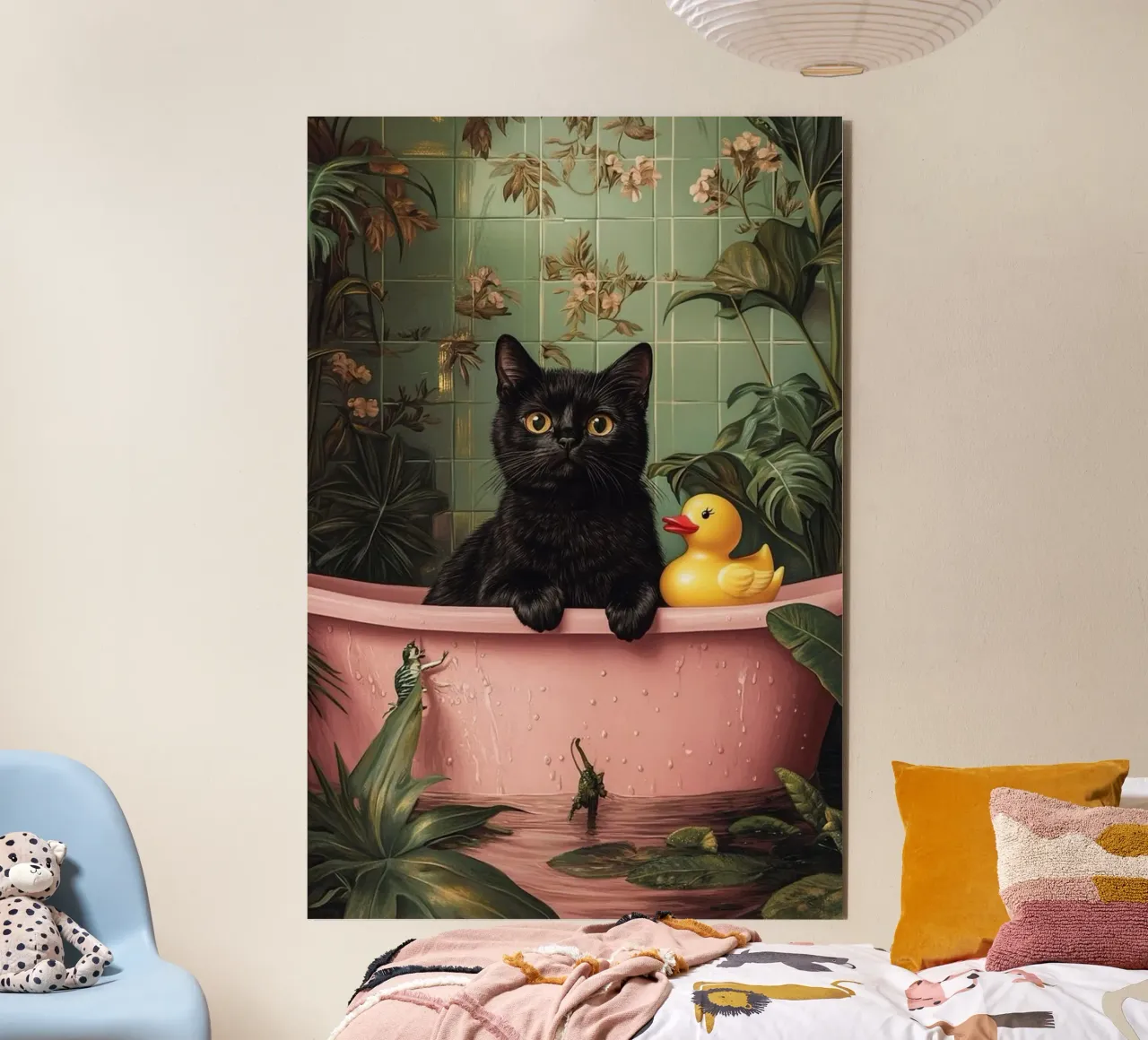 Un gatto che gioca in bagno alluminio dibond da Betty Shops