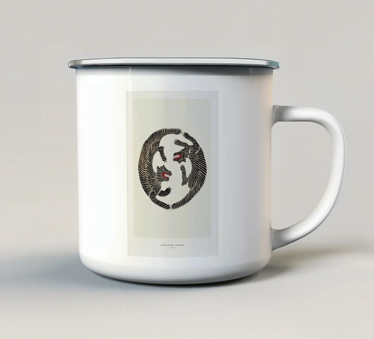 Tomoki - Tigers Woodblock Print enamel mug by Vintage by JUNIQE