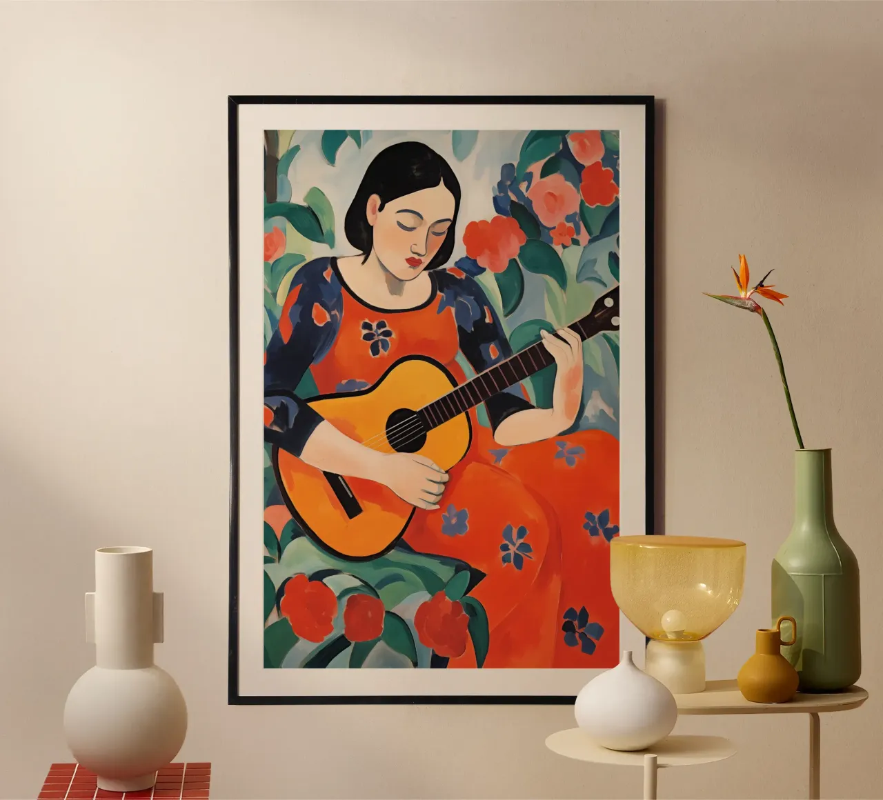 Donna con chitarra spagnola poster con telaio in alluminio da Imagine