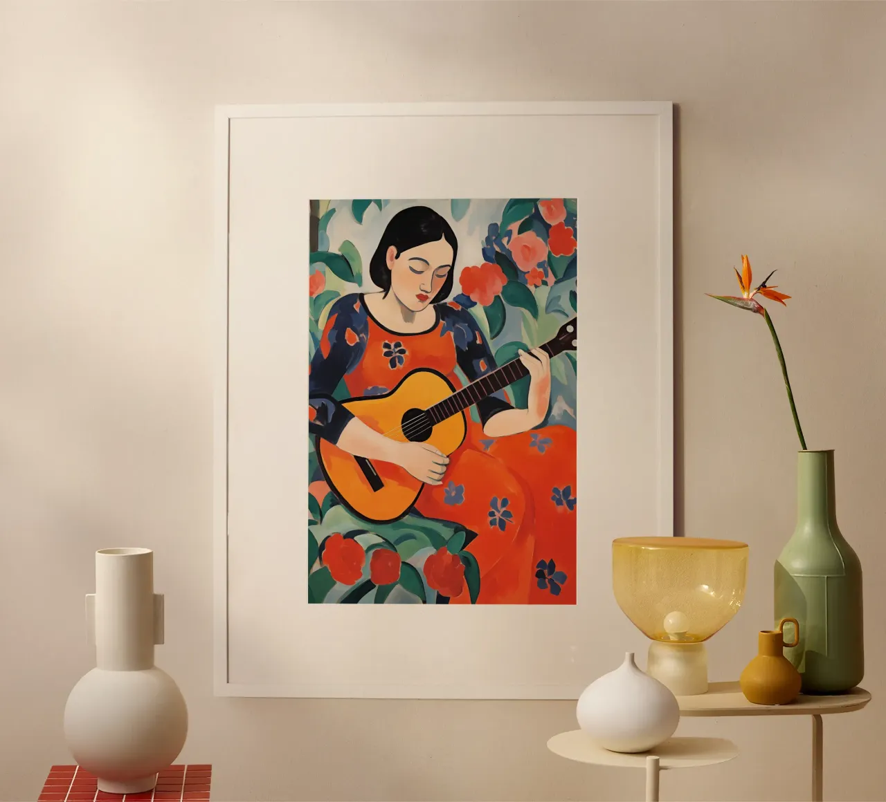 Donna con chitarra spagnola poster con telaio in alluminio da Imagine