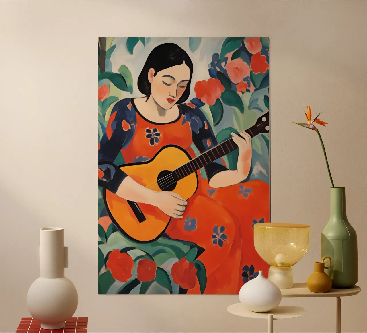 Donna con chitarra spagnola poster con telaio in alluminio da Imagine