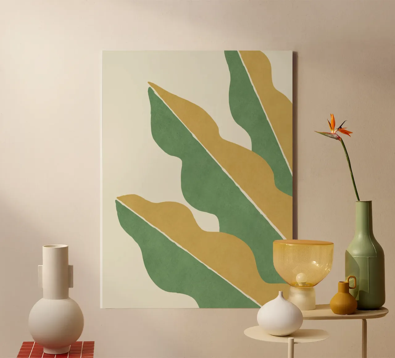 Color Block Abstract Leaf - Gold Green canvas with Floater frame by MoonlightPrint