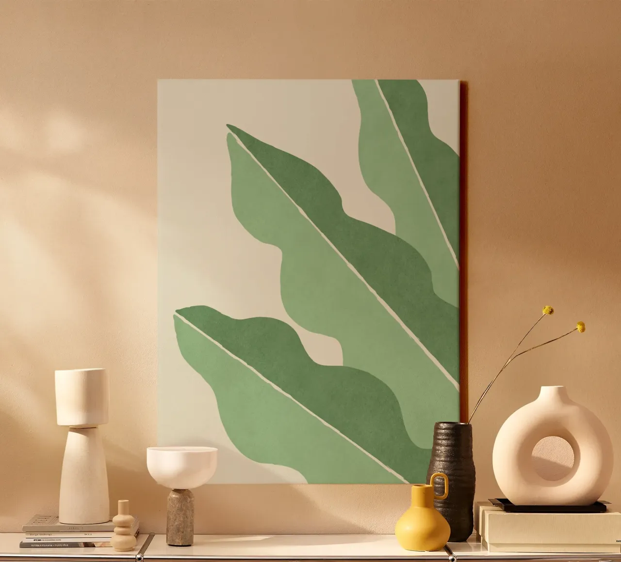 Kleurblok Abstract Blad - Groen canvas met Baklijst van MoonlightPrint