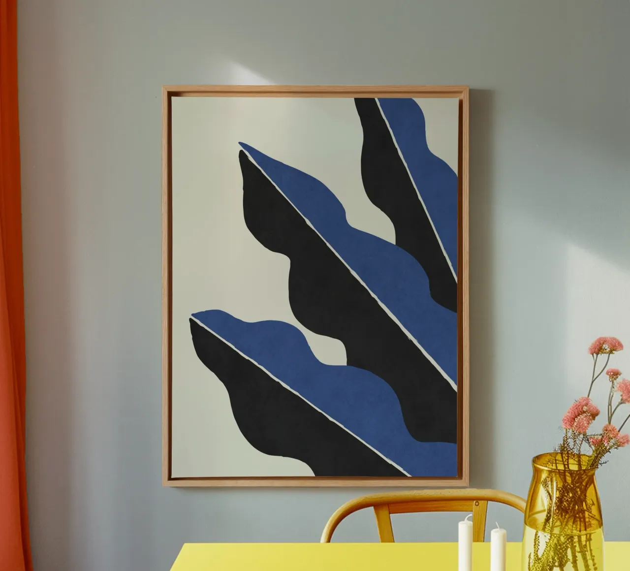 Kleurblok Abstract Blad - Blauw Zwart canvas met Baklijst van MoonlightPrint