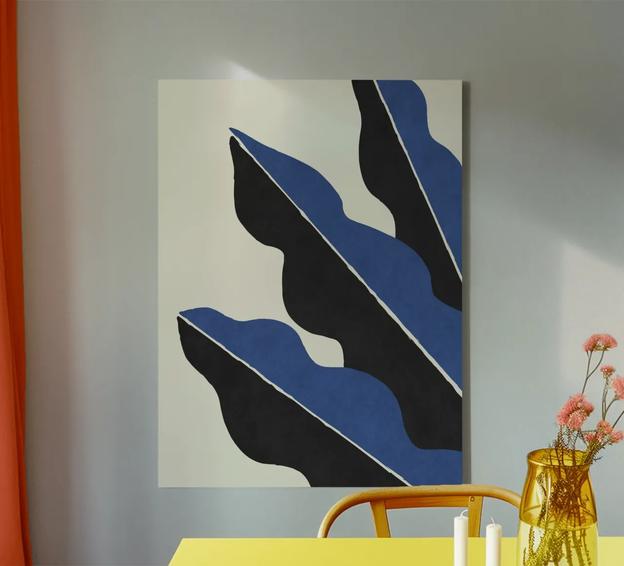 Kleurblok Abstract Blad - Blauw Zwart canvas met Baklijst van MoonlightPrint