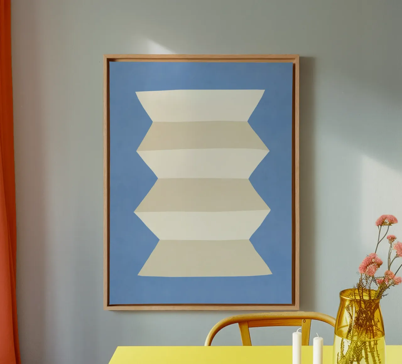 Geometrische vaas - wit ivoor op lichtblauw canvas met Baklijst van MoonlightPrint