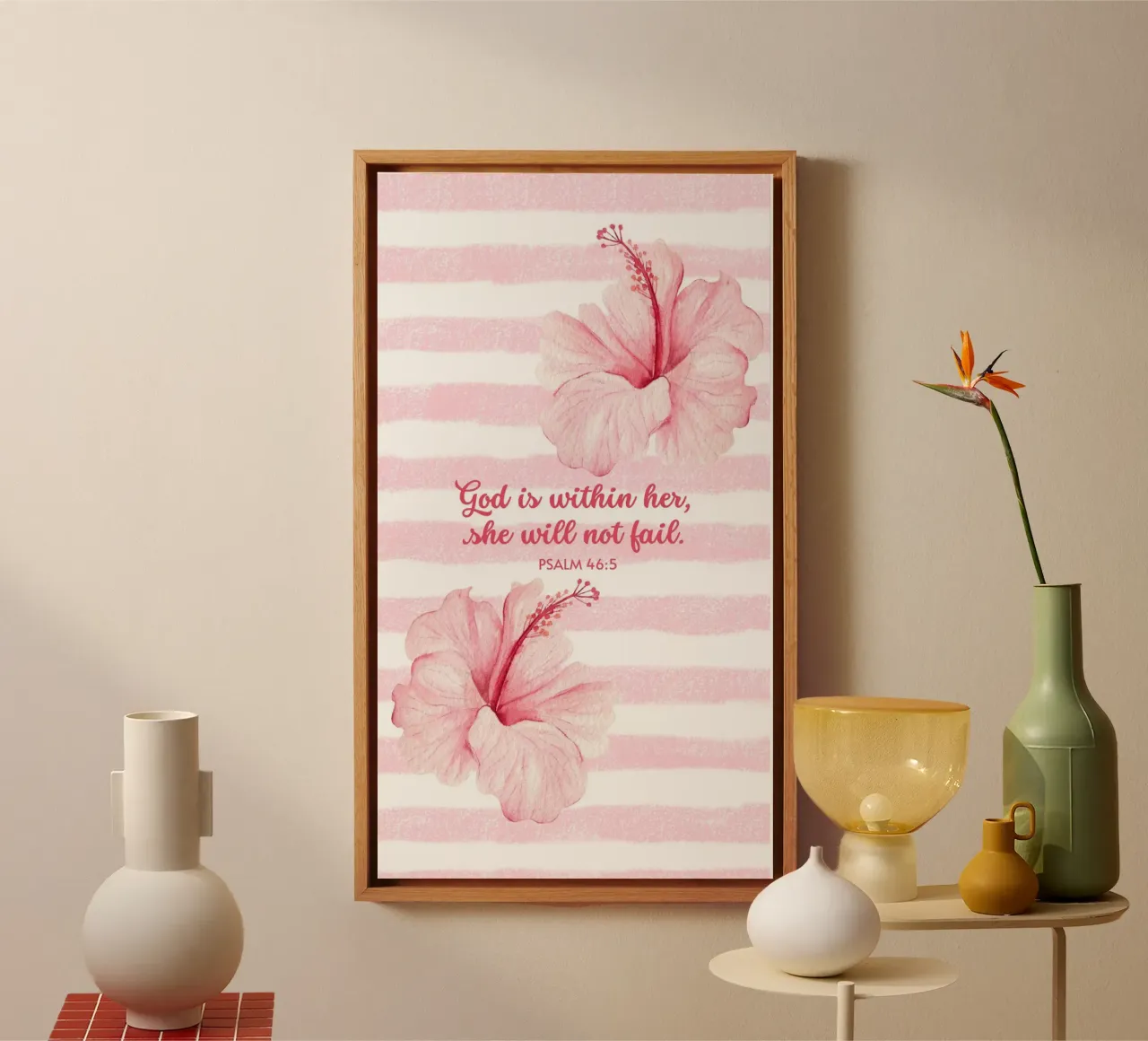 Hibiscus Flower in Pink Pattern with Christian Bible Verse canvas met Baklijst van Guiarts