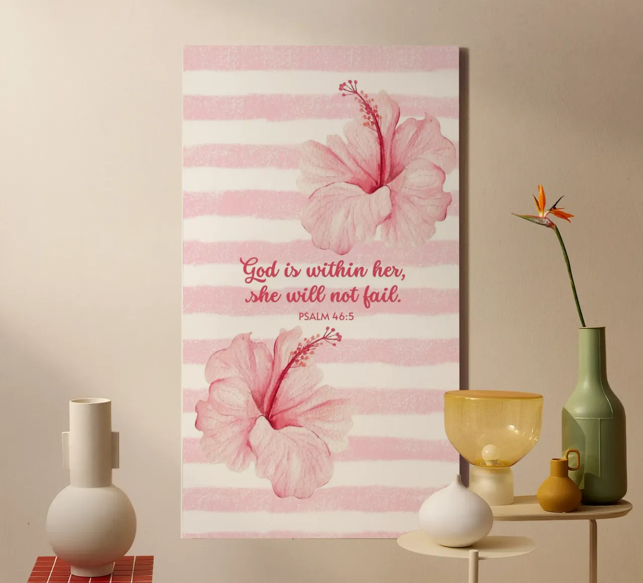 Hibiscus Flower in Pink Pattern with Christian Bible Verse canvas met Baklijst van Guiarts