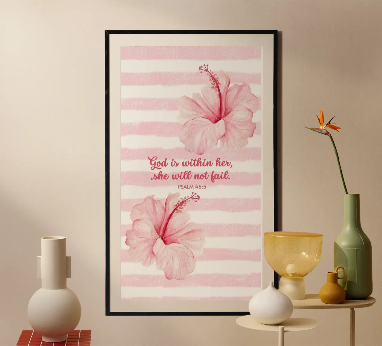 Hibiscus Flower in Pink Pattern with Christian Bible Verse poster con telaio in legno da Guiarts