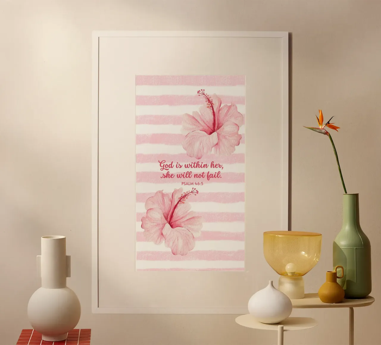 Hibiscus Flower in Pink Pattern with Christian Bible Verse poster con telaio in legno da Guiarts