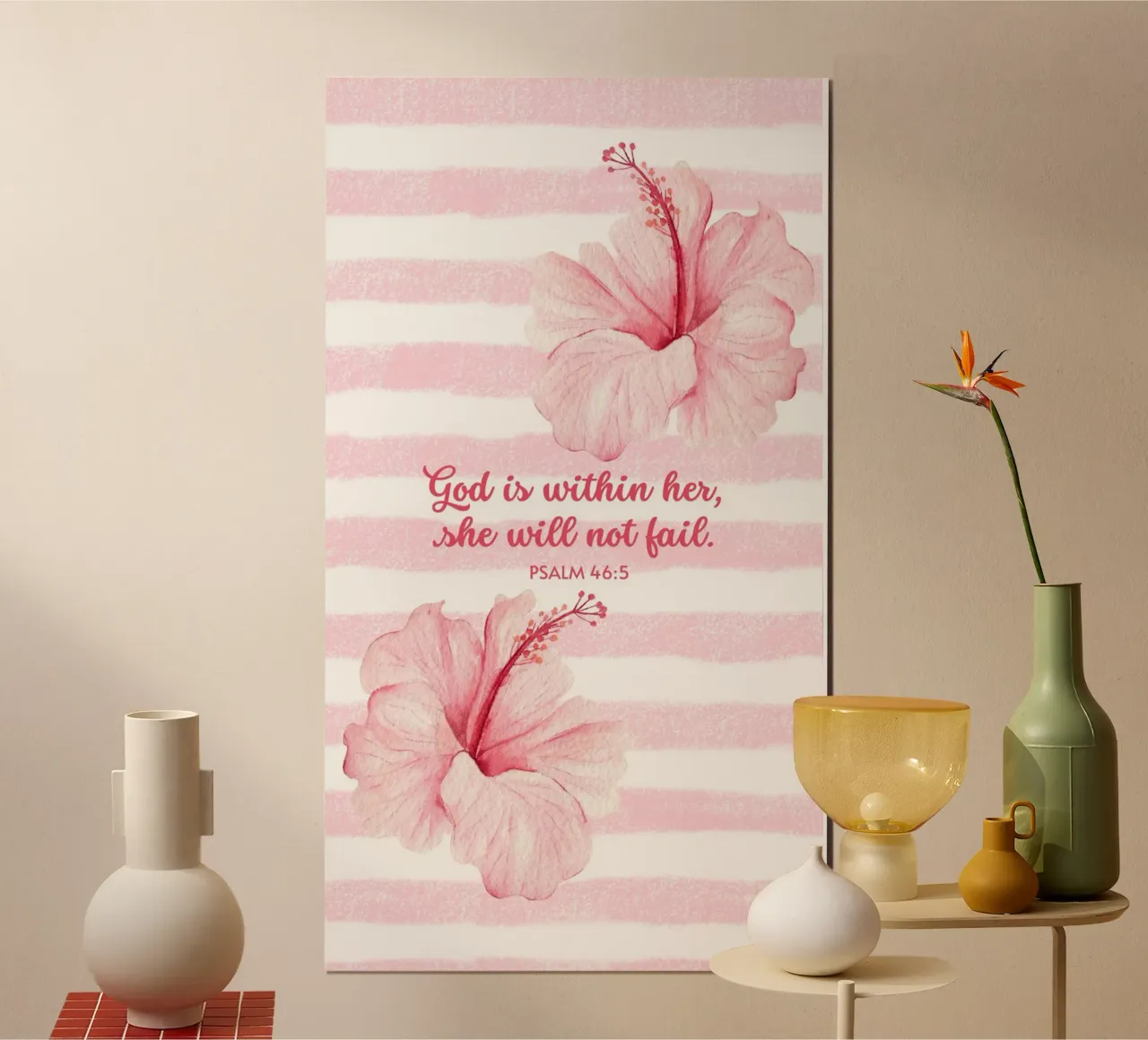 Hibiscus Flower in Pink Pattern with Christian Bible Verse poster con telaio in legno da Guiarts