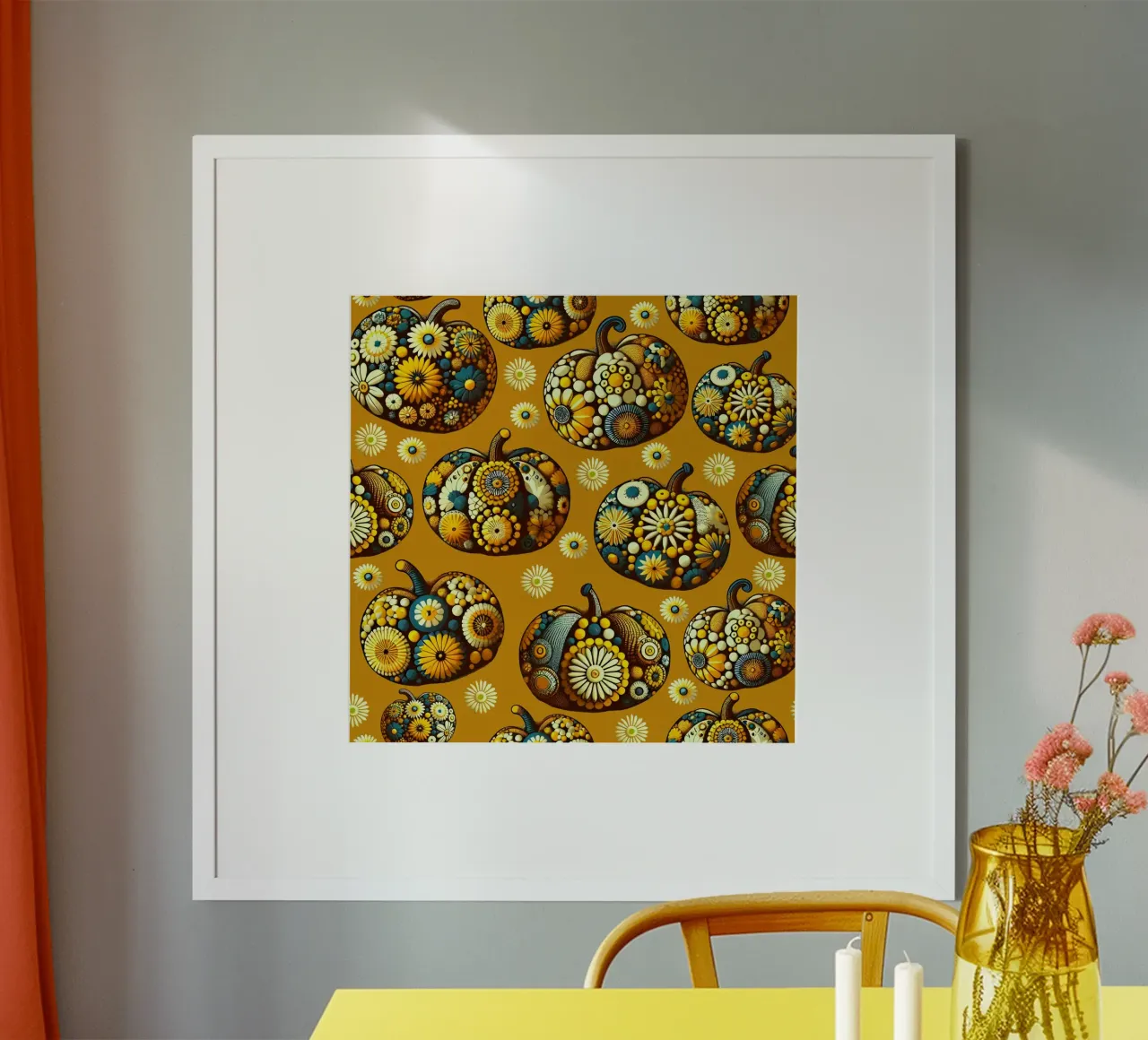 Zucche floreali gialle poster con telaio in plastica da SilverPegasus