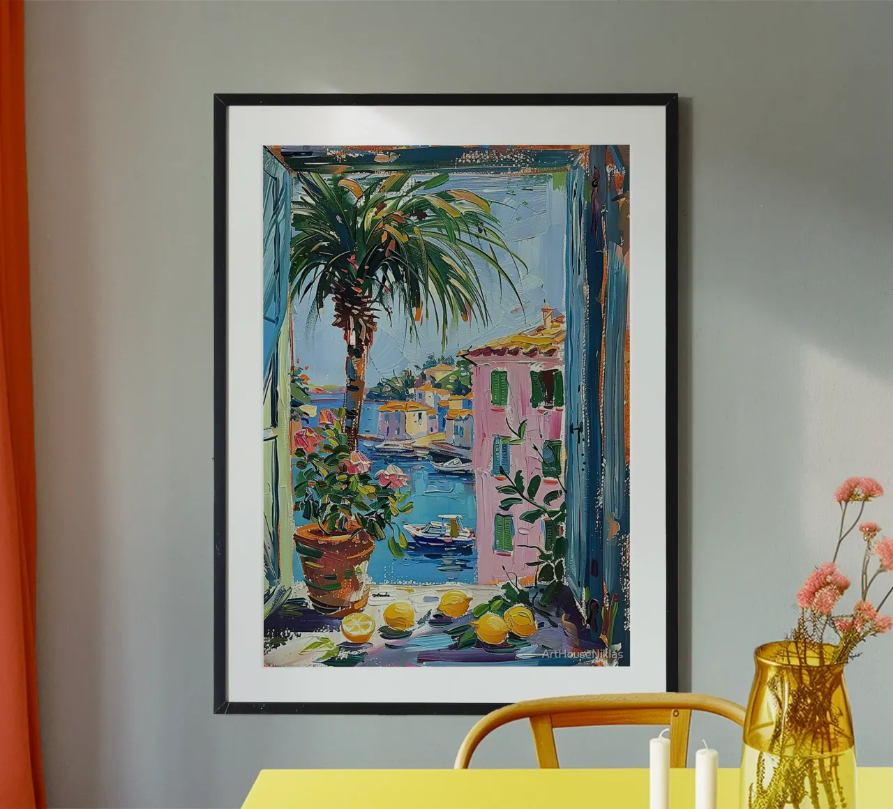 Stile Matisse Mediterraneo Finestra Aperta Passato poster con telaio in alluminio da MinaHome