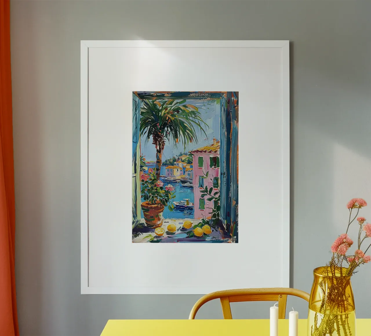 Stile Matisse Mediterraneo Finestra Aperta Passato poster con telaio in alluminio da MinaHome