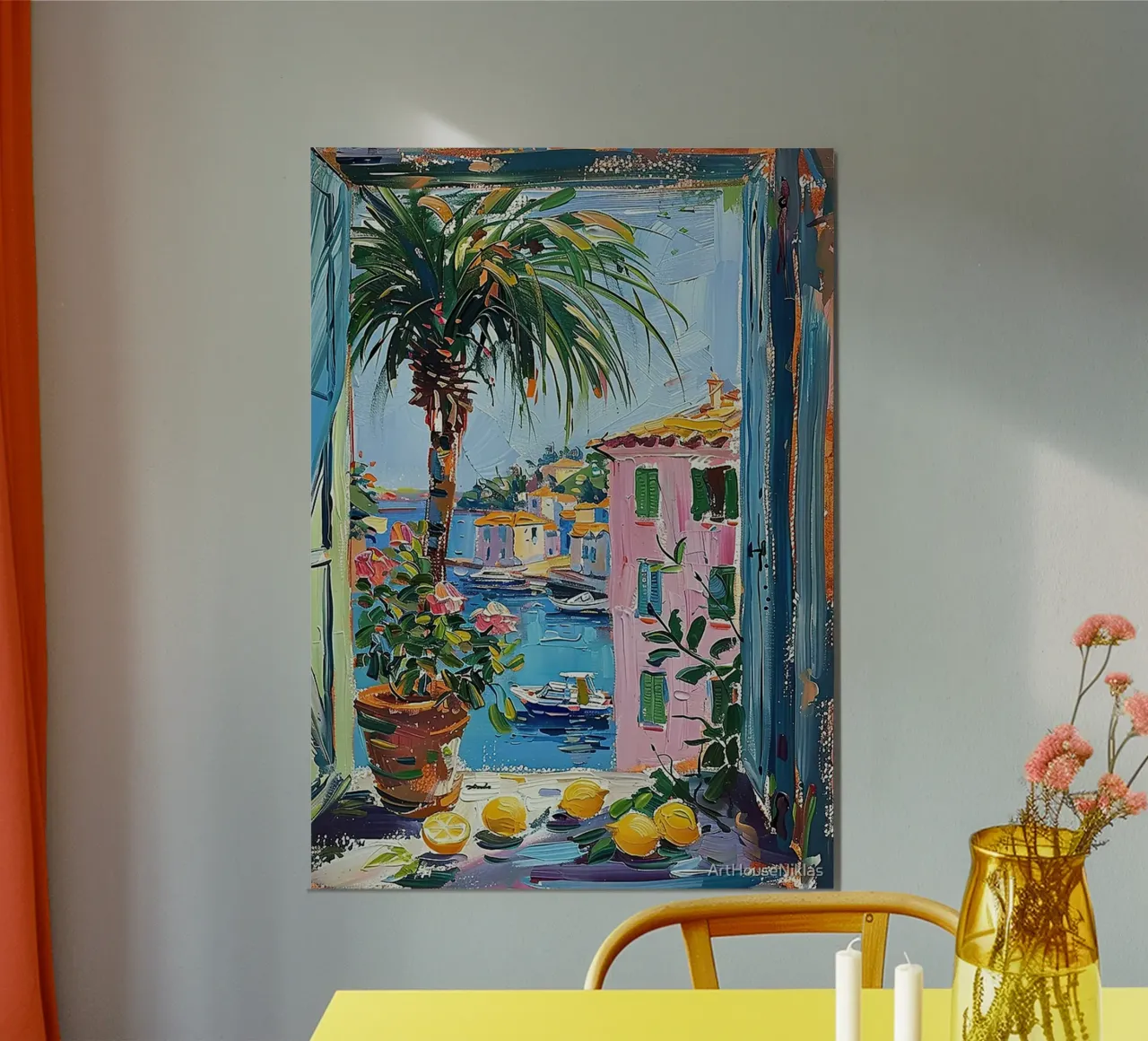 Stile Matisse Mediterraneo Finestra Aperta Passato poster con telaio in alluminio da MinaHome